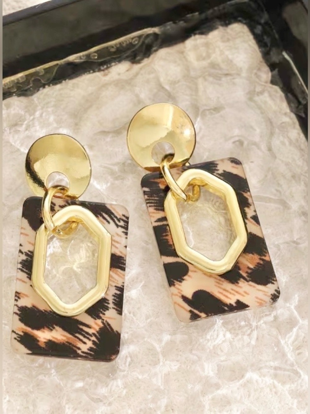 NWT Gold & Leopard Acrylic Drop Earrings